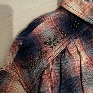 Free People Studded & Distressed Plaid Button-Up Shirt - upcycled size S
